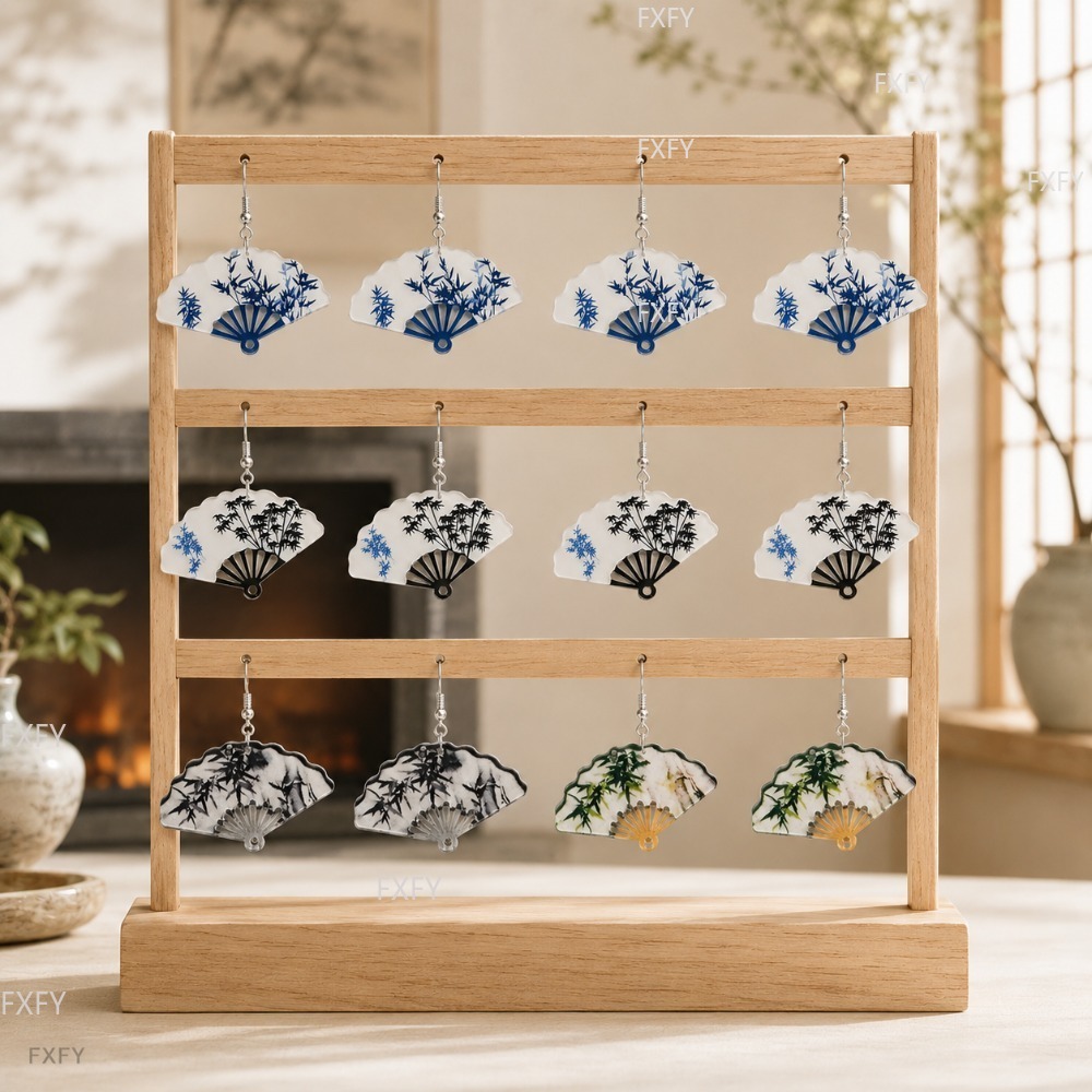8pcs Chinese Fan-shaped Ink Painting Earring Set